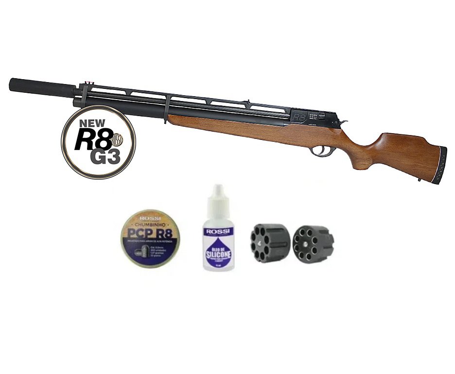 Carabina Pcp Rossi R8 G3 Madeira Alto Fluxo STD 5,5mm 8 Tiros 350 M/S com Supressor