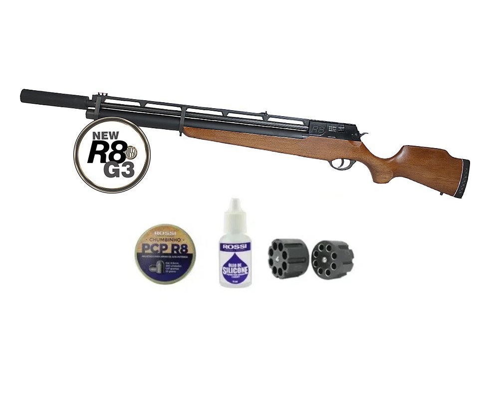 Carabina Pcp Rossi R8 G3 Madeira Alto Fluxo STD 5,5mm 8 Tiros 350 M/S com Supressor