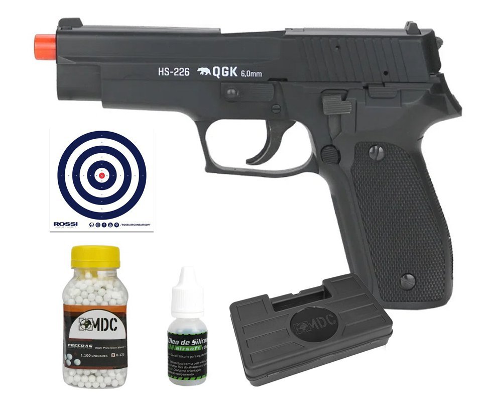 Pistola de Airsoft Spring P226 HS-226 6mm QGK WE + Case  + BBS + Alvos + Óleo