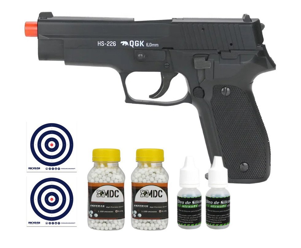 Pistola de Airsoft Spring P226 HS-226 6mm QGK WE + BBS + Alvos + Óleo