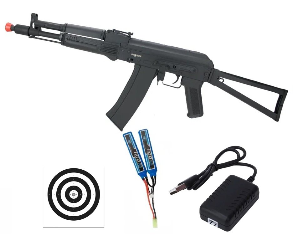 Rifle de Airsoft Neptune AK105S mosfet Full Metal 6mm - Rossi + Bateria + Carregador
