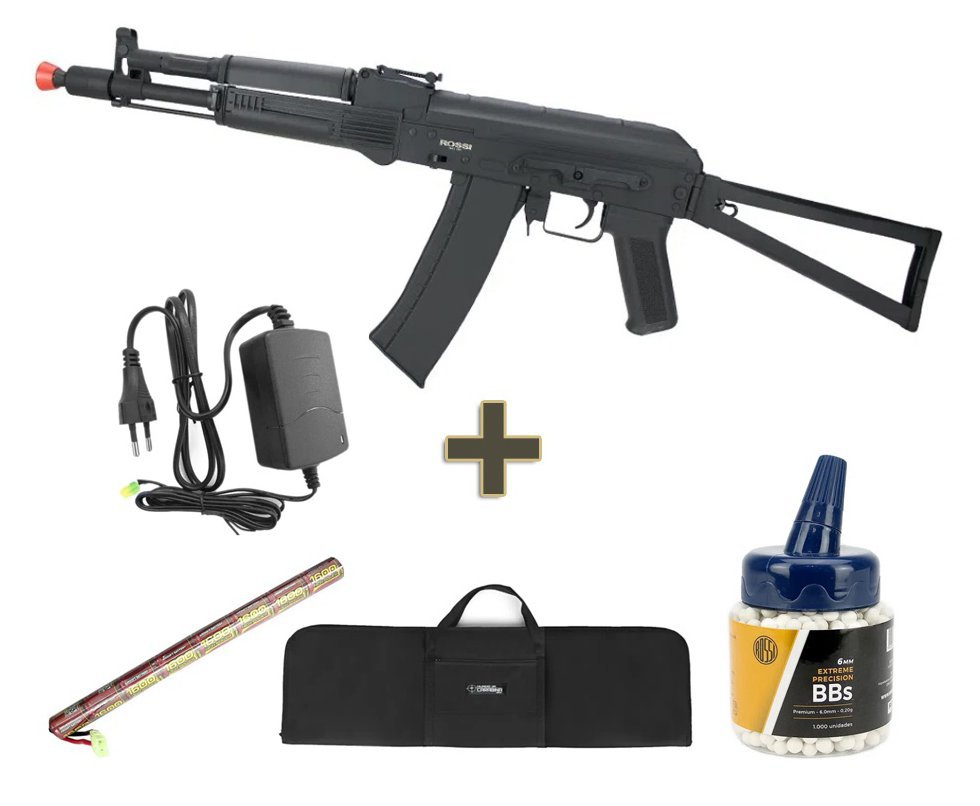 Rifle de Airsoft Neptune AK105S mosfet Full Metal 6mm - Rossi + Bateria + Carregador + Capa + BBS
