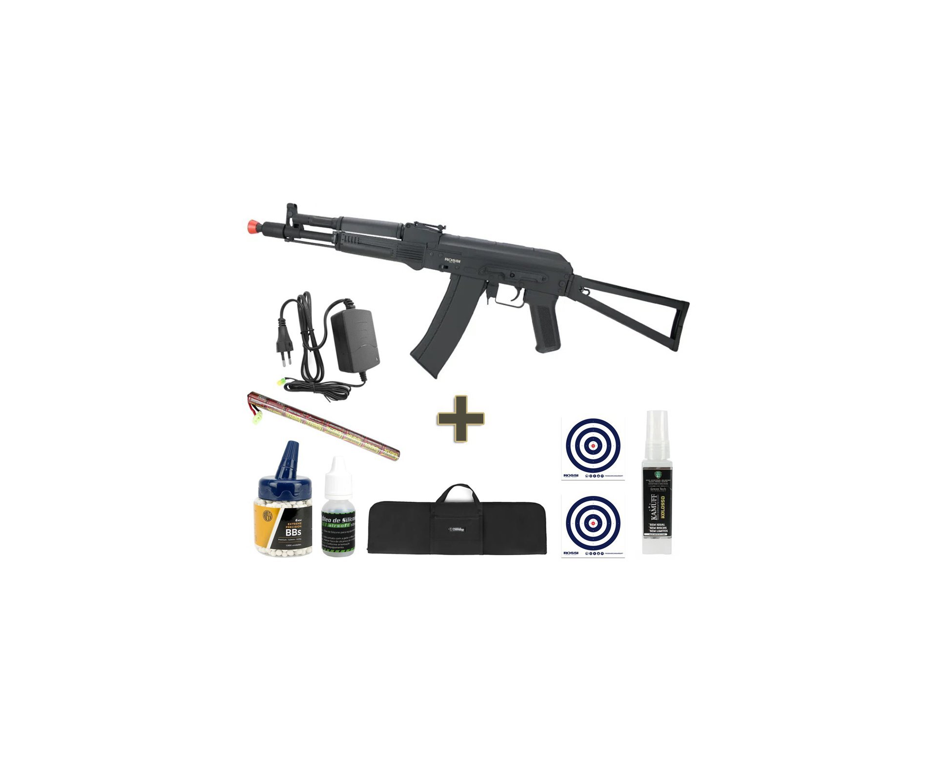 Rifle de Airsoft Neptune AK105S mosfet Full Metal 6mm - Rossi + Bateria + Carregador + Capa + BBS + Óleo + Alvos + Kamuff