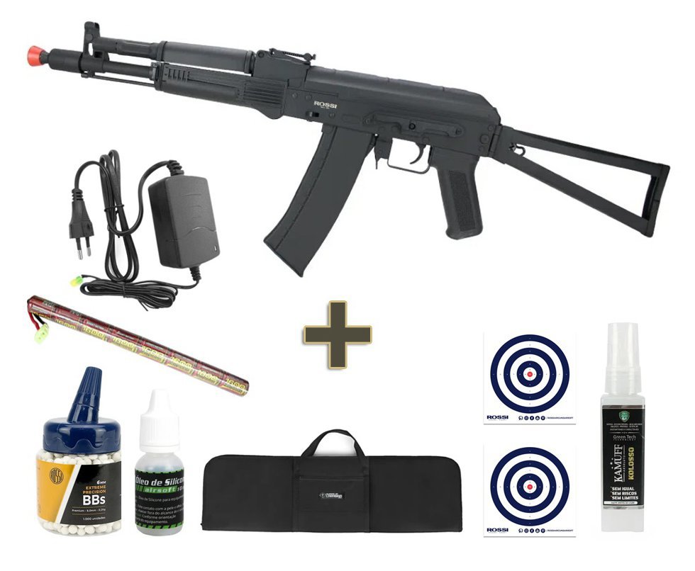 Rifle de Airsoft Neptune AK105S mosfet Full Metal 6mm - Rossi + Bateria + Carregador + Capa + BBS + Óleo + Alvos + Kamuff