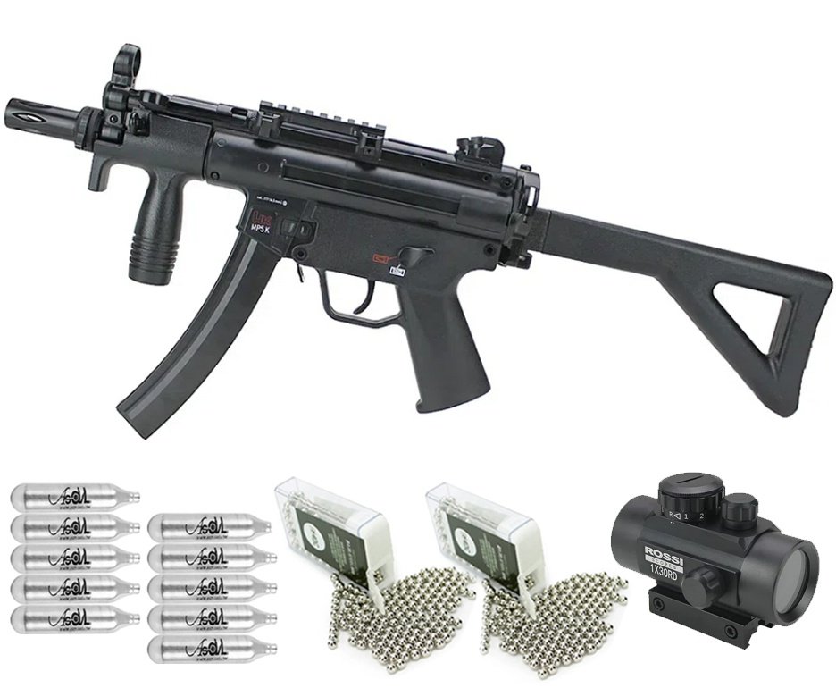 Rifle de Pressão CO2 HK MP5 K-PDW Blowback 4.5 + Co2 + BBS + Red Dot