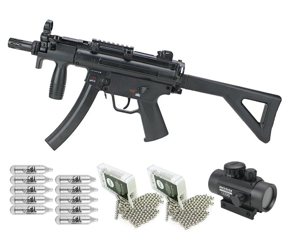 Rifle de Pressão CO2 HK MP5 K-PDW Blowback 4.5 + Co2 + BBS + Red Dot