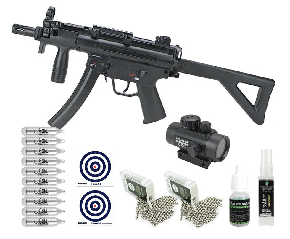 Rifle de Pressão CO2 HK MP5 K-PDW Blowback 4.5 + Co2 + BBS + Red Dot + Óleo + Alvos + Kamuff