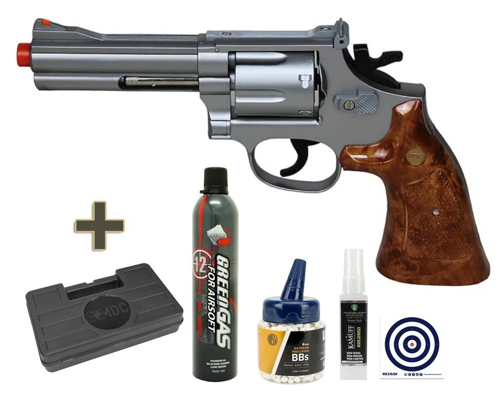 Revólver de Airsoft Green Gas GBB M586 4” UG134S Silver 6mm - UHC + GBB + BBS + Case + Alvos + Kamuff