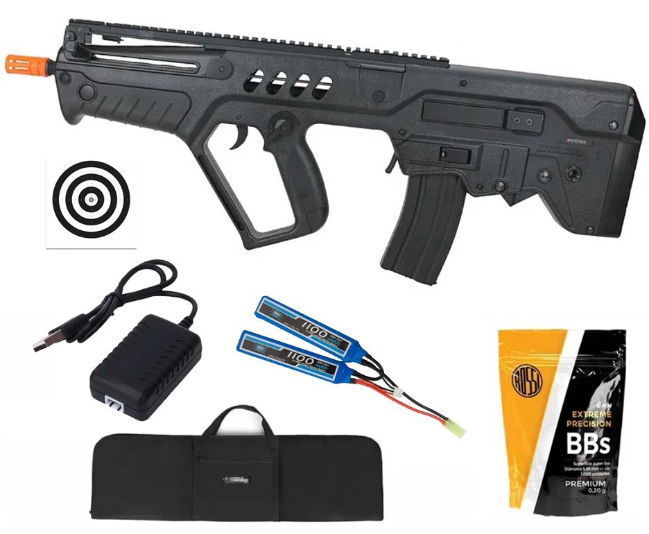 Rifle de Airsoft AEG Tavor IWI TAR-21 Flat Top T21 Black 6mm - S&T + Bateria + Carregador + Capa + BBS