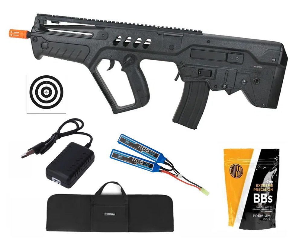 Rifle de Airsoft AEG Tavor IWI TAR-21 Flat Top T21 Black 6mm - S&T + Bateria + Carregador + Capa + BBS