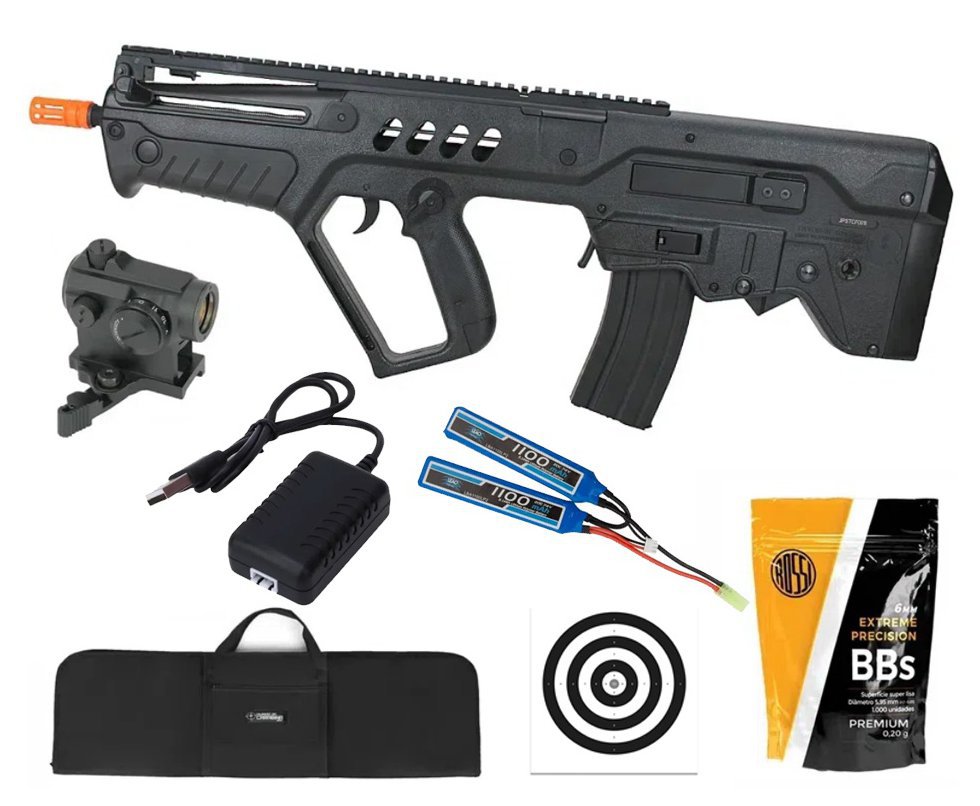 Rifle de Airsoft AEG Tavor IWI TAR-21 Flat Top T21 Black 6mm - S&T + Bateria + Carregador + Capa + BBS + Alvos + Red Dot