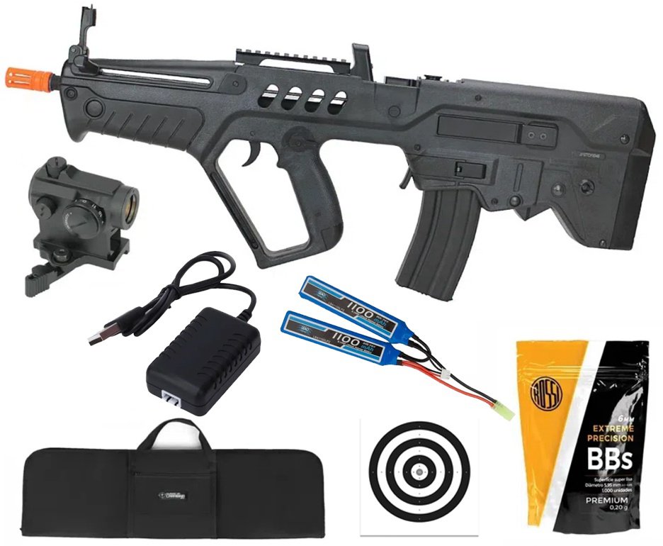 Rifle de Airsoft AEG Tavor IWI TAR-21 Explorer T21 Black 6mm - S&T + Bateria + Carregador + Capa + BBS + Alvos + Red Dot