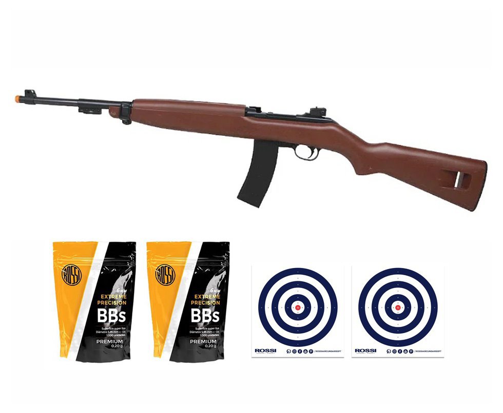 Rifle de Airsoft Spring AGM M1 Carbine Wood 6mm - AGM + BBS + Alvos