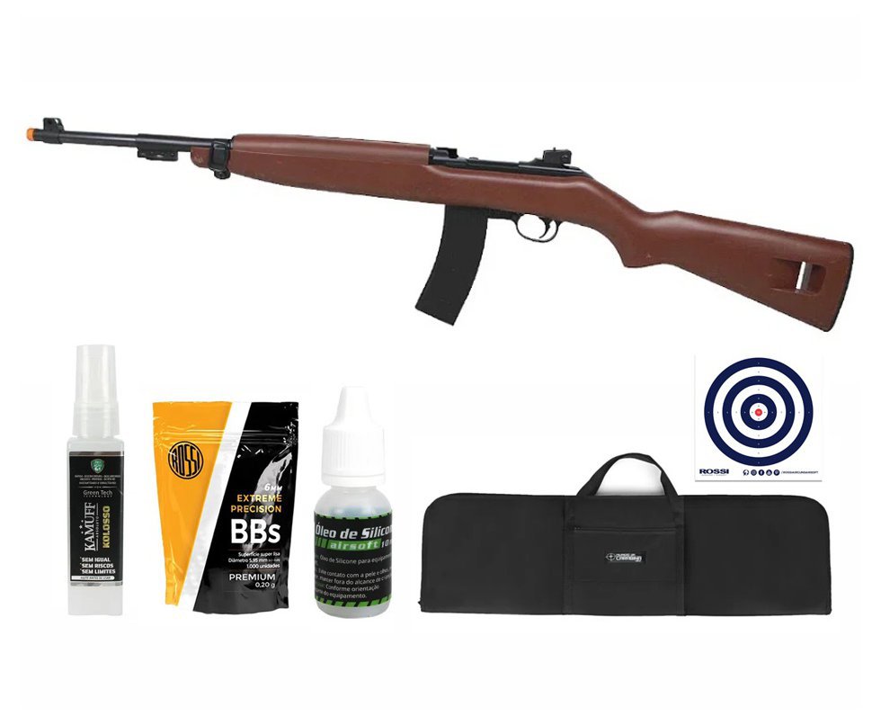 Rifle de Airsoft Spring AGM M1 Carbine Wood 6mm - AGM + Capa + BBS + Alvos + Óleo + Kamuff