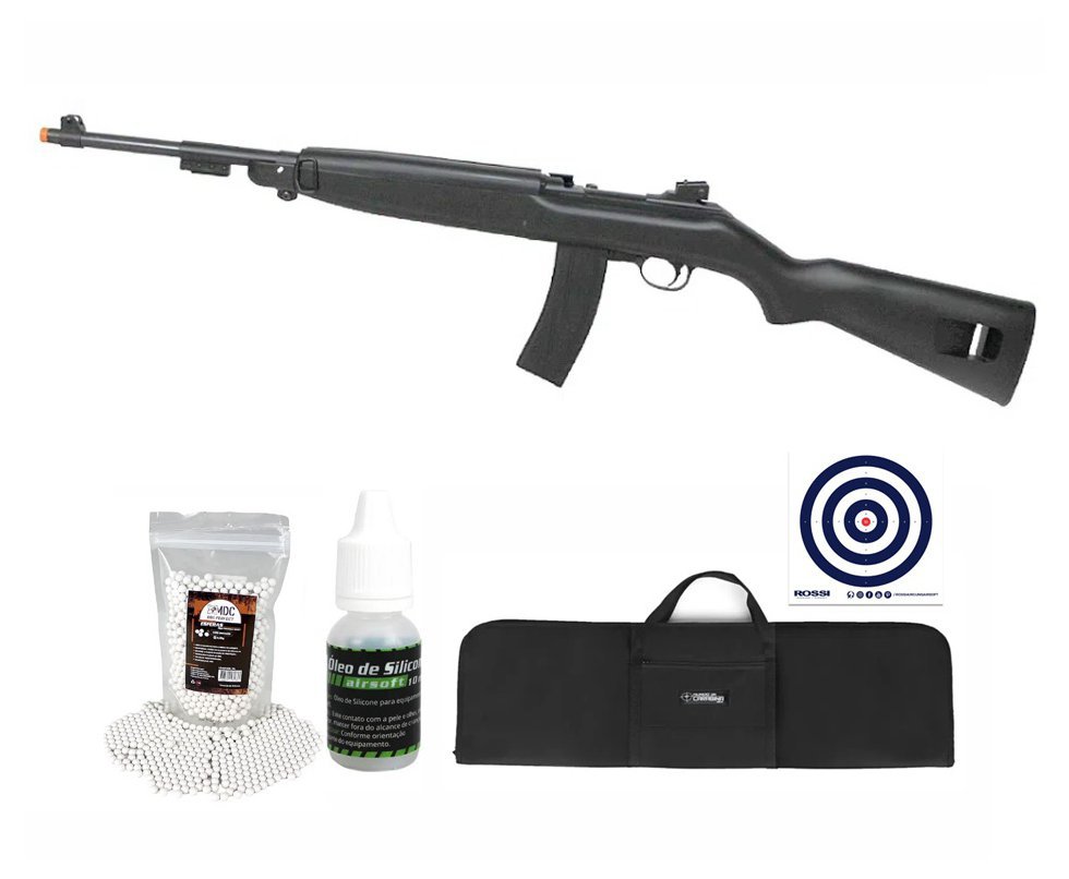 Rifle de Airsoft Spring AGM M1 Carbine Black 6mm - AGM + BBs + Alvos + Capa