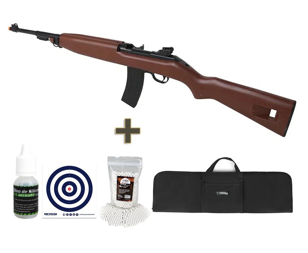 Rifle de Airsoft Spring AGM M1 Carbine Wood 6mm - AGM + BBs + Alvos + Óleo de silicone + Capa Almofadada
