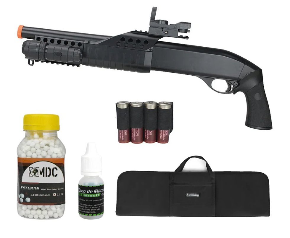 Shotgun de Airsoft Pistol Grip Pump Action M180 B2 Spring 6mm - AGM + Óleo + BBS + Capa