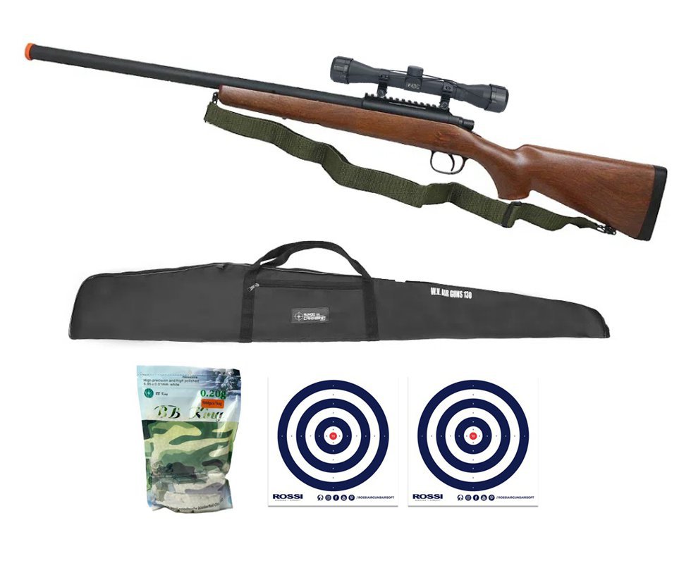 Rifle de Airsoft Sniper Remington M700 Wood VSR10 Spring - AGM + BBS + Capa + Luneta 4x32 + Alvos