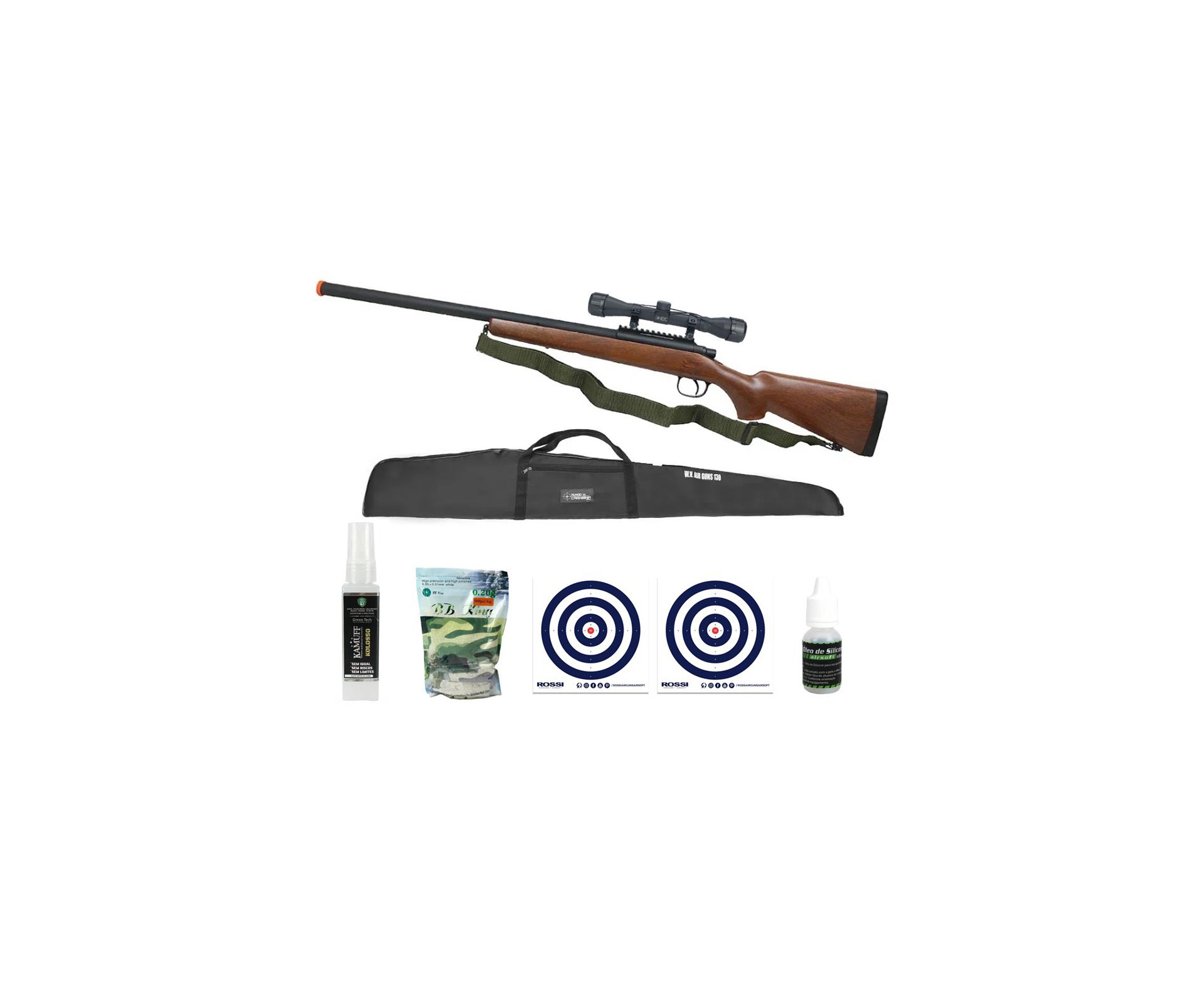 Rifle de Airsoft Sniper Remington M700 Wood VSR10 Spring - AGM + BBS + Capa + Luneta 4x32 + Alvos + Óleo + Kamuff