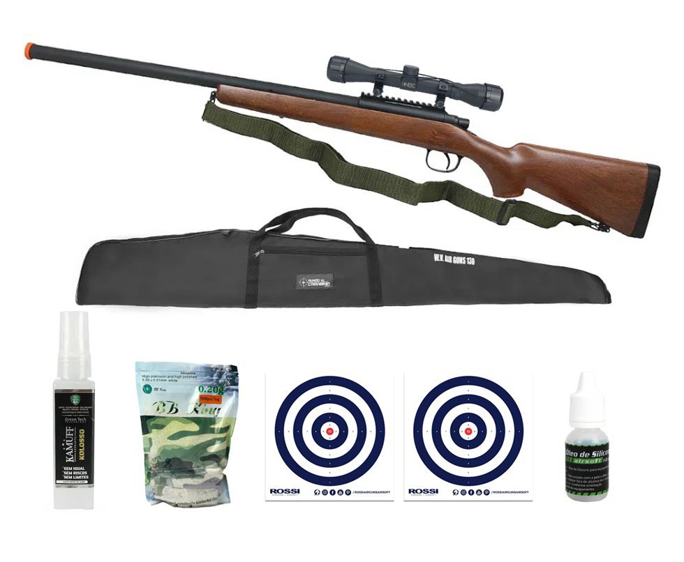 Rifle de Airsoft Sniper Remington M700 Wood VSR10 Spring - AGM + BBS + Capa + Luneta 4x32 + Alvos + Óleo + Kamuff