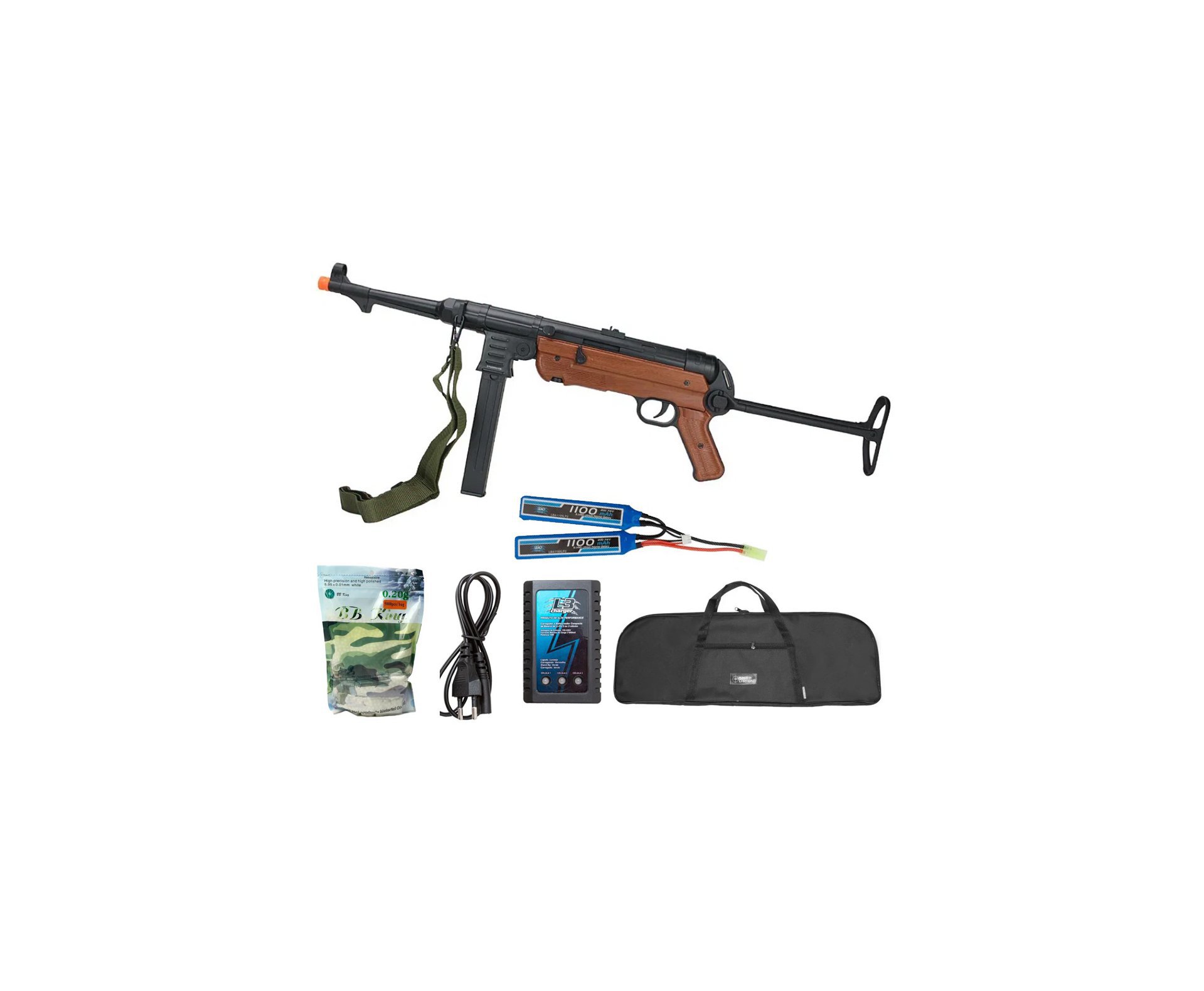 Rifle Sub Metralhadora de Airsoft AEG MP40 Full Metal Wood - AGM + Bateria + Carregador + BBS + Capa