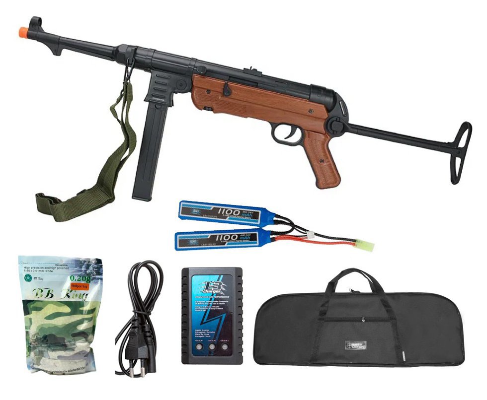Rifle Sub Metralhadora de Airsoft AEG MP40 Full Metal Wood - AGM + Bateria + Carregador + BBS + Capa