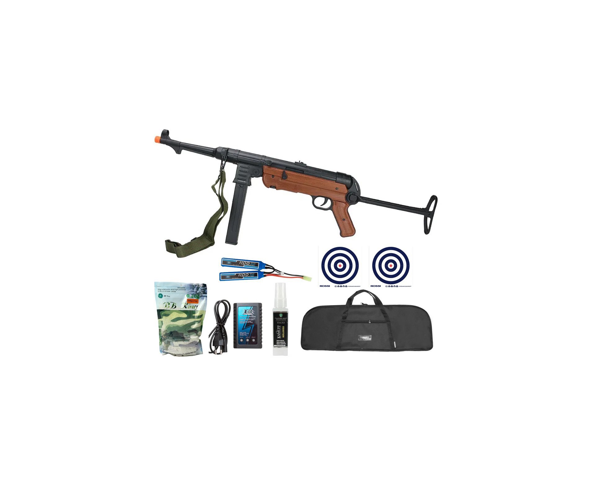 Rifle Sub Metralhadora de Airsoft AEG MP40 Full Metal Wood - AGM + Bateria + Carregador + BBS + Capa  + Alvos + Kamuff