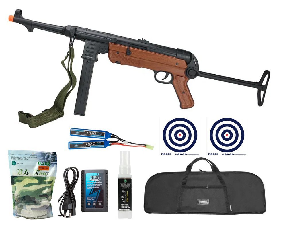 Rifle Sub Metralhadora de Airsoft AEG MP40 Full Metal Wood - AGM + Bateria + Carregador + BBS + Capa  + Alvos + Kamuff