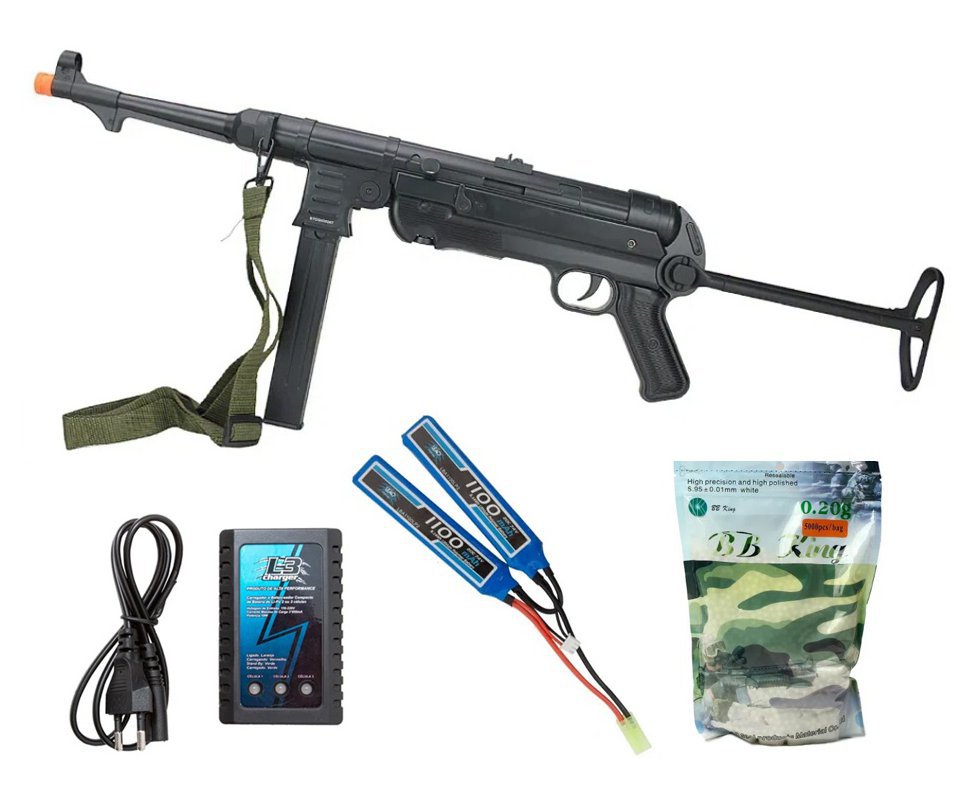 Rifle Sub Metralhadora de Airsoft AEG MP40 Full Metal Black - AGM + Bateria + Carregador + BBS + Capa