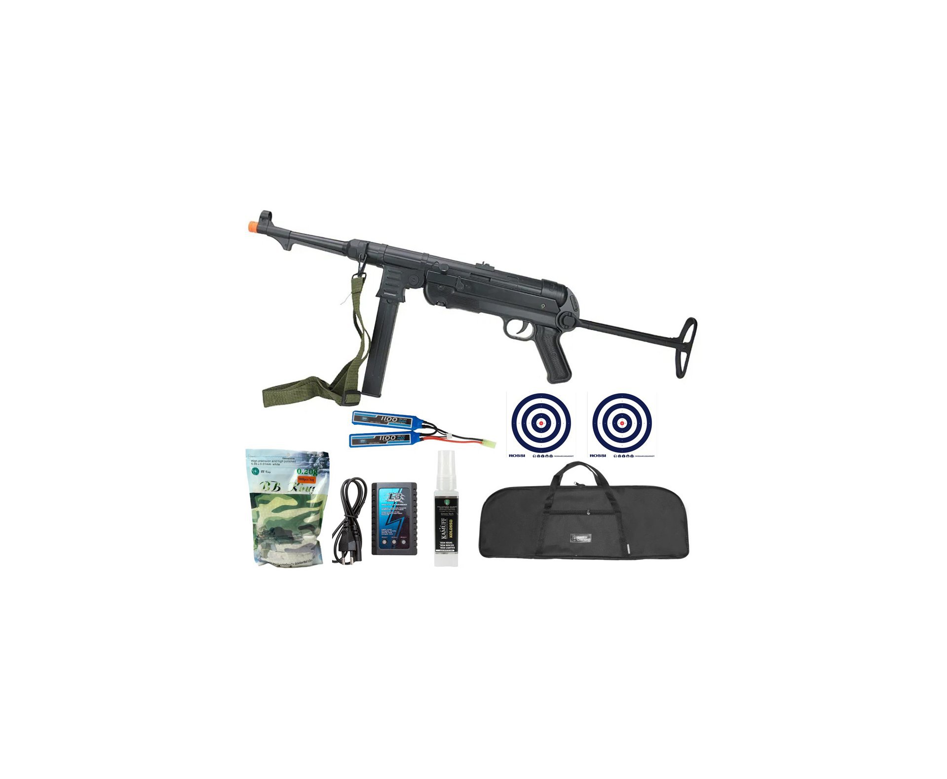 Rifle Sub Metralhadora de Airsoft AEG MP40 Full Metal Black - AGM + Bateria + Carregador + BBS + Capa + Alvos + Kamuff