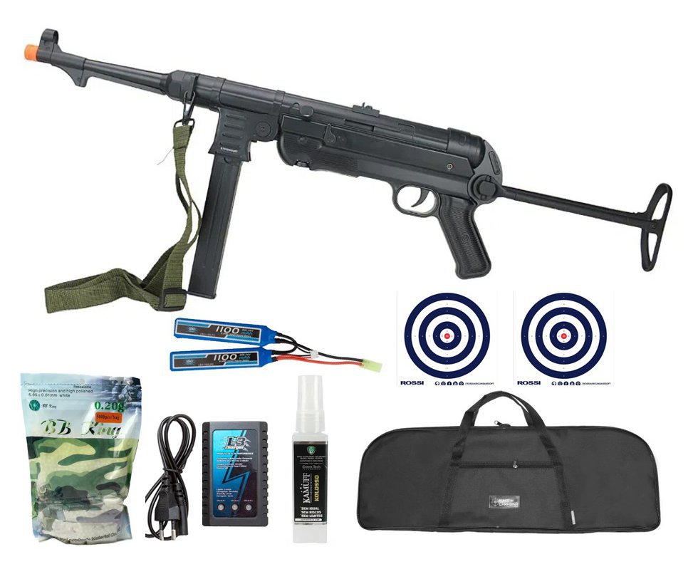 Rifle Sub Metralhadora de Airsoft AEG MP40 Full Metal Black - AGM + Bateria + Carregador + BBS + Capa + Alvos + Kamuff