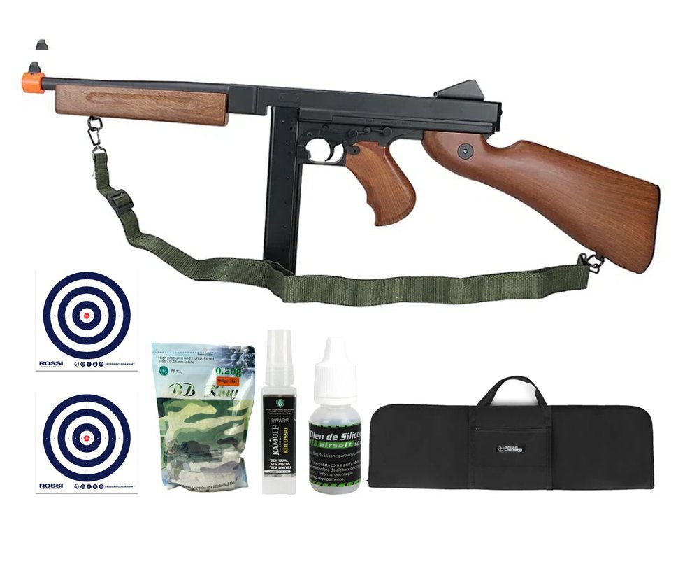 Rifle de Airsoft AEG Cyma Thompson CM033 6mm - Cyma + BBS + Capa + Alvos + Óleo + Kamuff