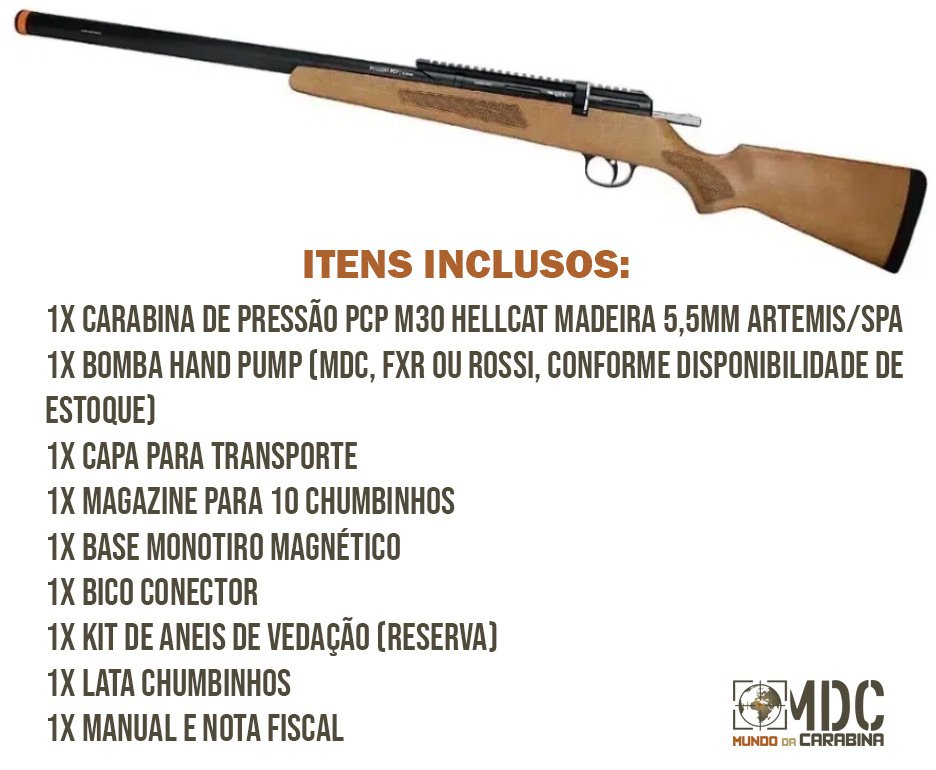 Carabina de Pressão PCP M30 HELLCAT Madeira 5,5mm Artemis/SPA + Capa + Bomba