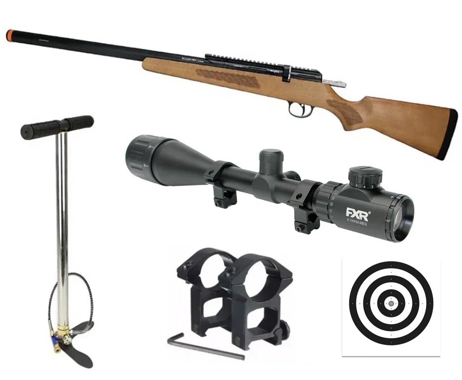 Carabina De Pressão Pcp Hellcatt M30 Multishot Madeira 5,5mm + Bomba + Luneta 6-24X44 Catraca