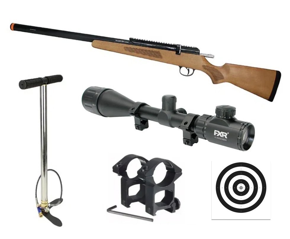 Carabina De Pressão Pcp Hellcatt M30 Multishot Madeira 5,5mm + Bomba + Luneta 6-24X50