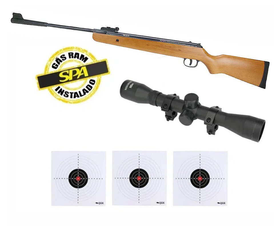 Carabina De Pressão Raptor Ii Gas Ram 70kg Madeira 5,5mm Qgk + Luneta 4x32 + Alvos