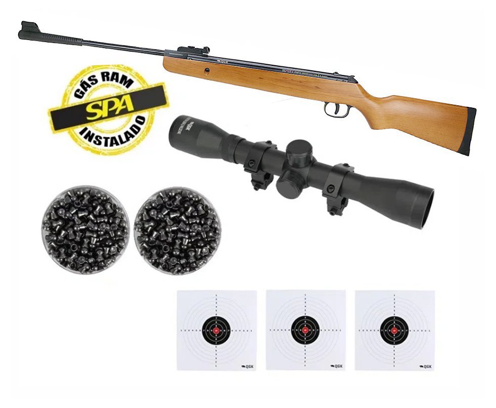 Carabina De Pressão Raptor Ii Gas Ram 70kg Madeira 5,5mm Qgk + Luneta 4x32 + Alvos + Chumbos