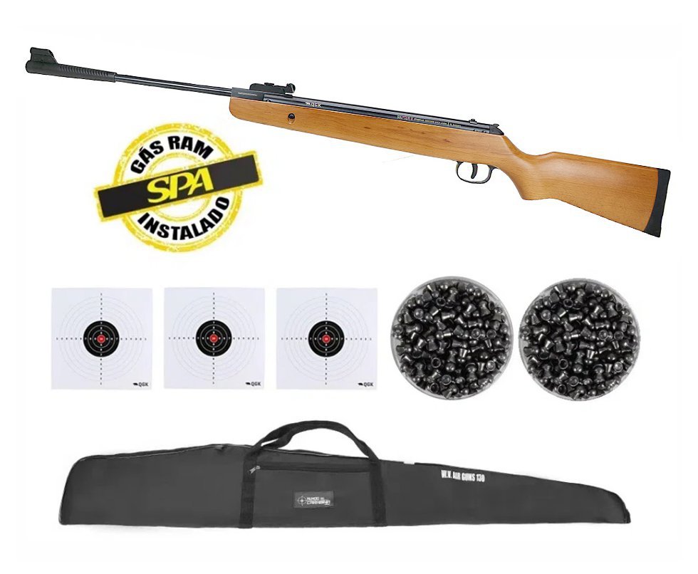Carabina De Pressão Raptor Ii Gas Ram 70kg Madeira 5,5mm Qgk + Capa + Alvos + Chumbos