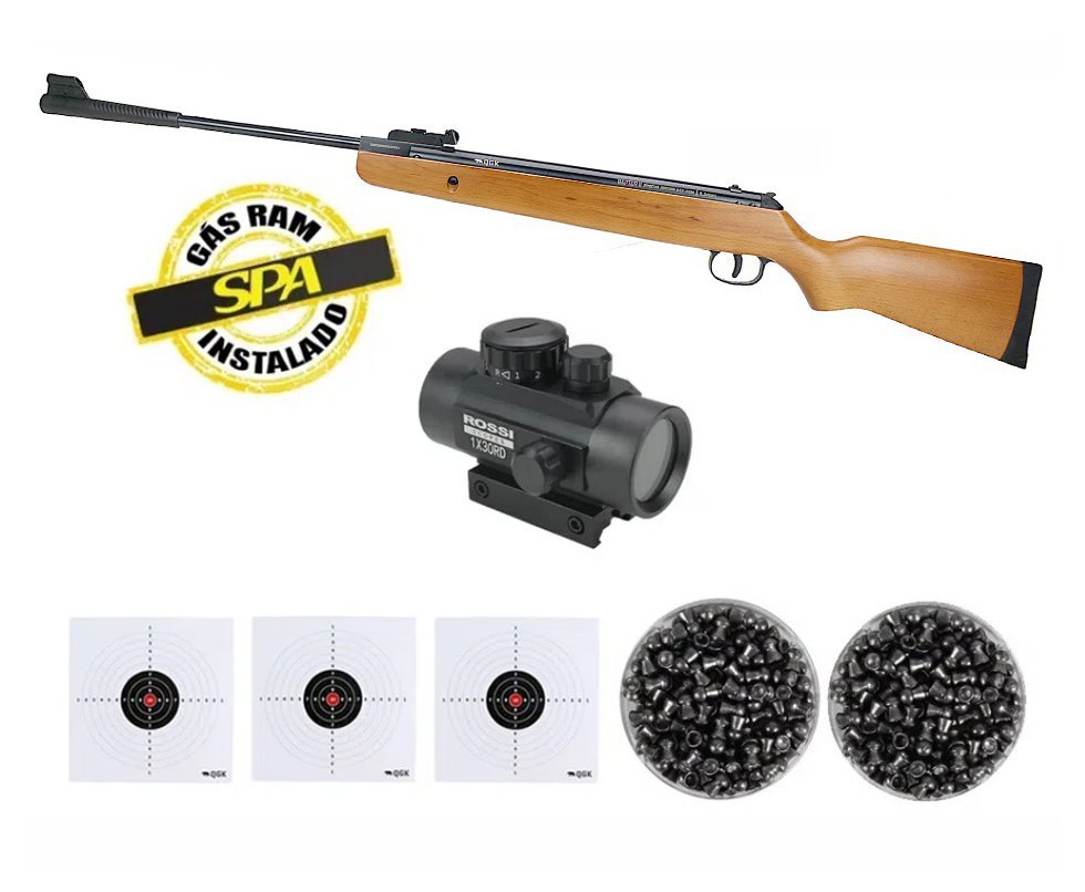Carabina De Pressão Raptor Ii Gas Ram 70kg Madeira 5,5mm Qgk +  Red Dot 1x30 + Alvos + Chumbos