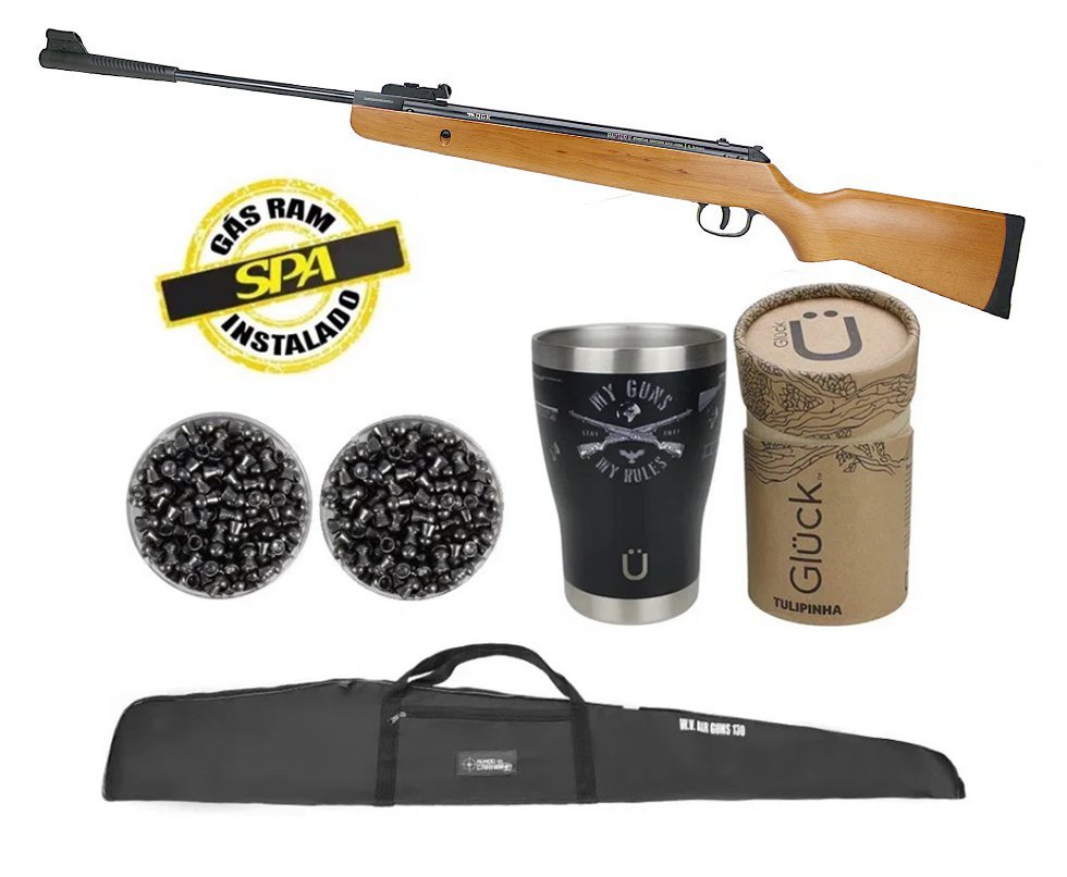 Carabina De Pressão Raptor Ii Gas Ram 70kg Madeira 5,5mm Qgk + Copo Termico+ Capa + Chumbos