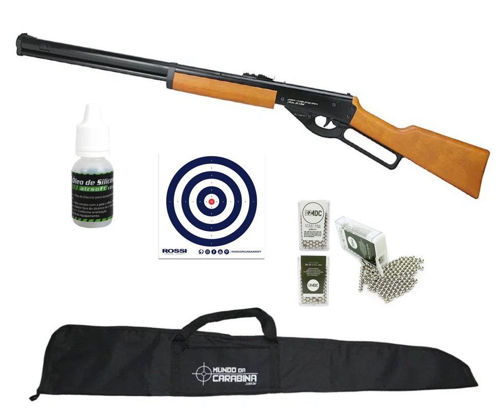 Carabina de Pressão Spring Cowboy Lever Action Madeira 4,5mm - Rossi + Capa + BBS + Alvos + Óleo