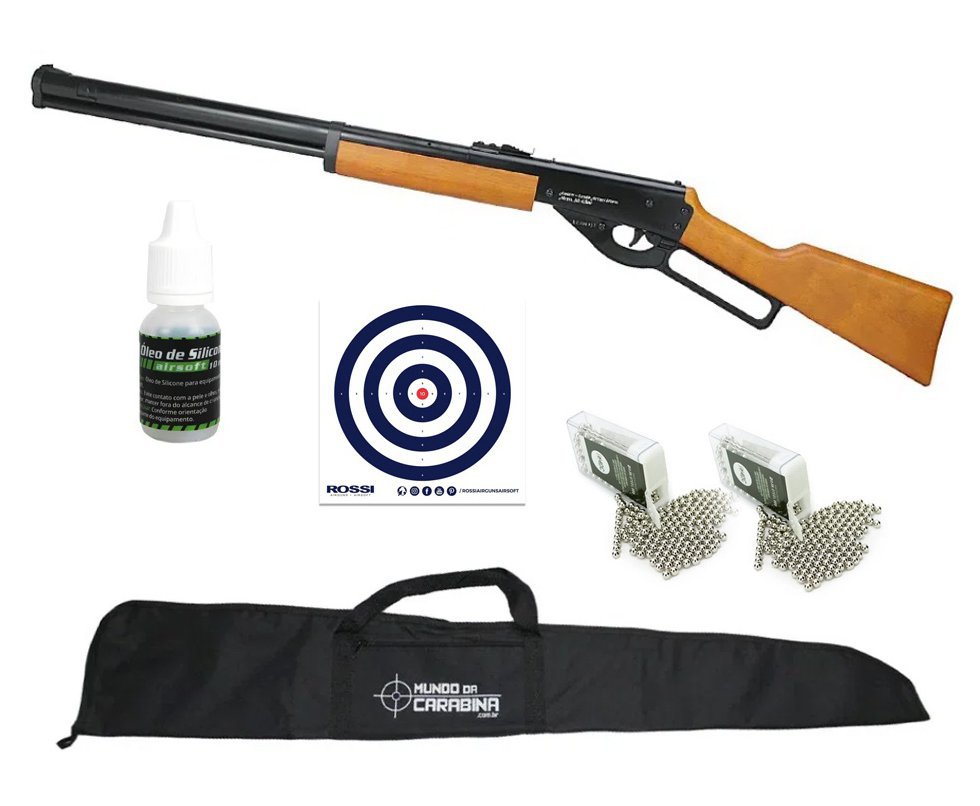 Carabina de Pressão Spring Cowboy Lever Action Madeira 4,5mm - Rossi + Capa + 2 Caixas de BBS + Alvos + Óleo