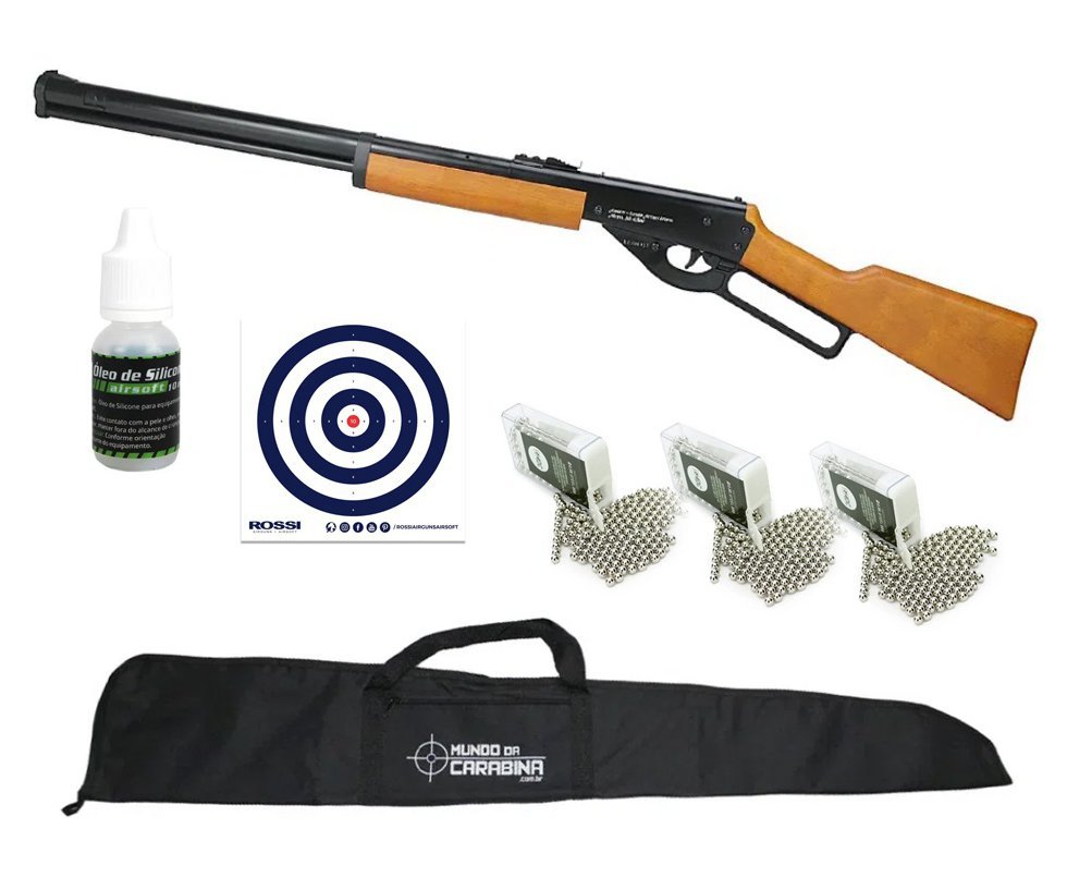 Carabina de Pressão Spring Cowboy Lever Action Madeira 4,5mm - Rossi + Capa + 3 Caixas de BBS + Alvos + Óleo