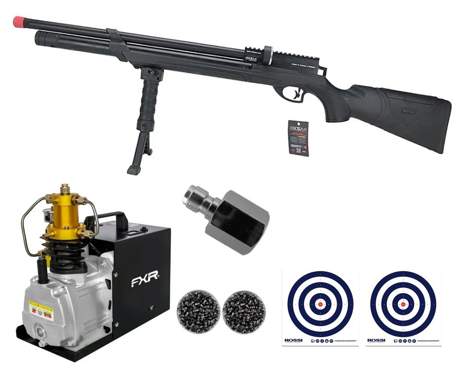 Carabina de Pressão PCP NKS Archero S 5,5mm - Niksan Defense + Compressor 4500PSI 300Bar 110V + 2 Caixas de Chumbos + Alvos