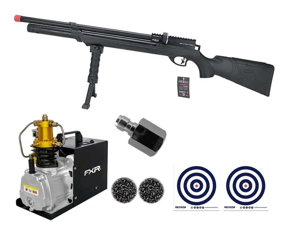 Carabina de Pressão PCP NKS Archero S 5,5mm - Niksan Defense + Compressor 4500PSI 300Bar 110V + 2 Caixas de Chumbos + Alvos
