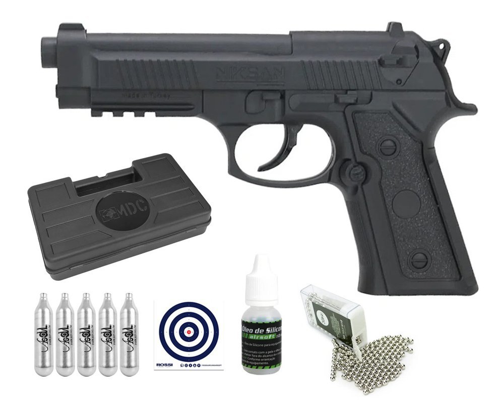 Pistola de Pressão CO2 Airguns CP92 Beretta M9 4.5mm + Co2 + BBS + Case + Alvos + Óleo