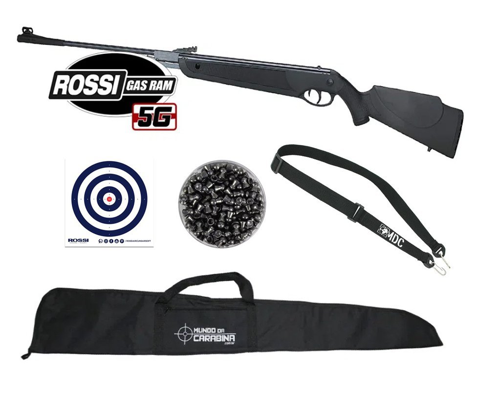 Carabina de Pressão Rossi Dione 5G Gás Ram 60kg 5,5mm + Alvos + Bandoleira + Chumbinho + Capa