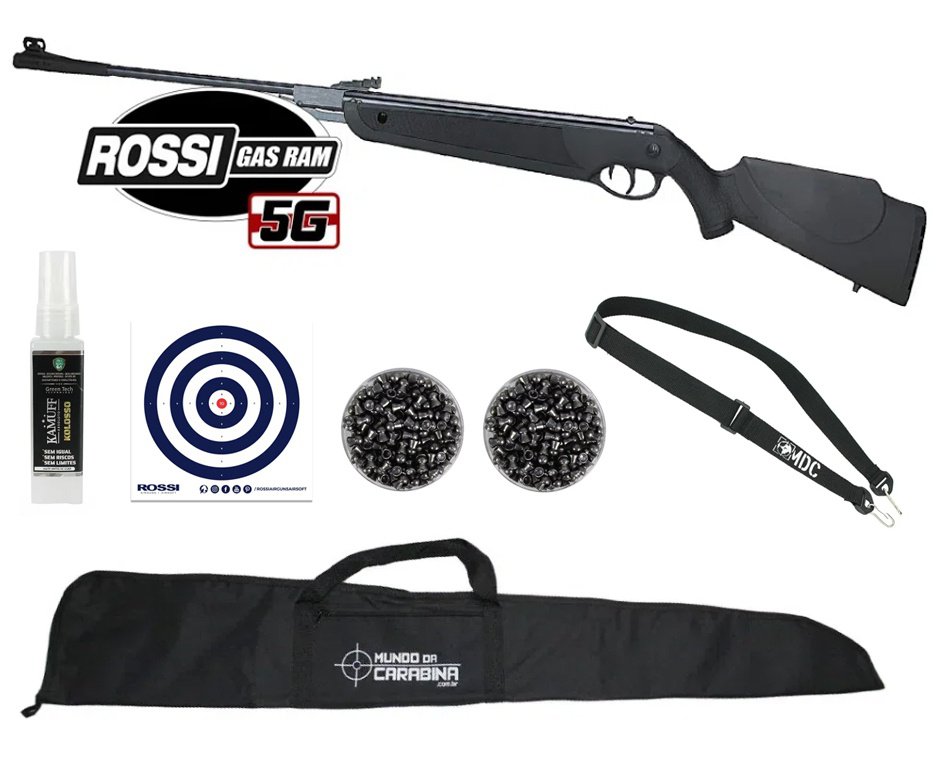 Carabina de Pressão Rossi Dione 5G Gás Ram 60kg 5,5mm + Bandoleira + 02 Caixas Chumbinho +Alvos + Capa + Kamuff