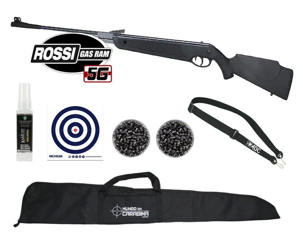 Carabina de Pressão Rossi Dione 5G Gás Ram 60kg 5,5mm + Bandoleira + 02 Caixas Chumbinho +Alvos + Capa + Kamuff