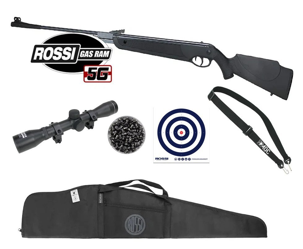Carabina de Pressão Rossi Dione 5G Gás Ram 60kg 5,5mm + Capa + Luneta 4x32 + Bandoleira + Chumbinho + Alvos